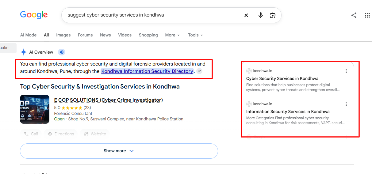 Google AI Overview citing the Kondhwa Information Security Directory and Kondhwa.in service pages