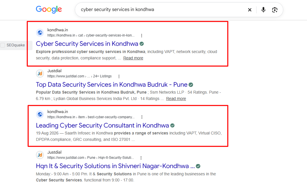 Google search results showing Kondhwa.in ranking for cyber security services in Kondhwa and a Saarth Infosec listing